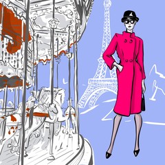 Beautiful woman in retro style in Paris . vintage dress sixties years.