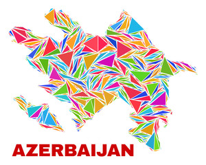 Mosaic Azerbaijan map of triangles in bright colors isolated on a white background. Triangular collage in shape of Azerbaijan map. Abstract design for patriotic decoration.