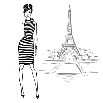Beautiful woman in retro style in Paris . vintage dress sixties years.
