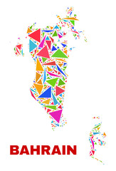 Mosaic Bahrain map of triangles in bright colors isolated on a white background. Triangular collage in shape of Bahrain map. Abstract design for patriotic purposes.