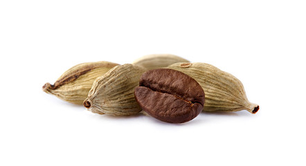 Coffee beans with cardamomum isolated on white background