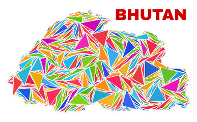 Mosaic Bhutan map of triangles in bright colors isolated on a white background. Triangular collage in shape of Bhutan map. Abstract design for patriotic purposes.