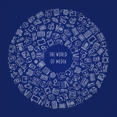 World of Media and Entertainment Concept. Line icons of analog and digital media arranged in a circle on blue background.