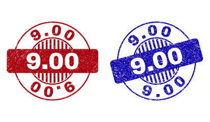 Grunge 9.00 round stamp seals isolated on a white background. Round seals with grunge texture in red and blue colors. Vector rubber imprint of 9.00 label inside circle form with stripes.