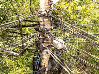 Sao Paulo, Brazil, January 18, 2019: power lines on electric pole