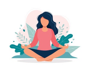 Woman meditating in nature and leaves. Concept illustration for yoga, meditation, relax, recreation, healthy lifestyle. Vector illustration in flat cartoon style - obrazy, fototapety, plakaty