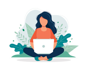 Woman with laptop sitting in nature and leaves. Concept illustration for working, freelancing, studying, education, work from home. Vector illustration in flat cartoon style - obrazy, fototapety, plakaty