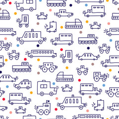 Cute cars. Children's vector seamless pattern. Can be used for wallpaper, textile, invitation card, wrapping, web page background.