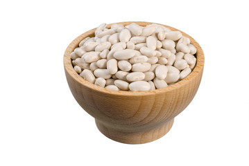 White Bean in wooden bowl isolated on white background. nutrition. food ingredient.
