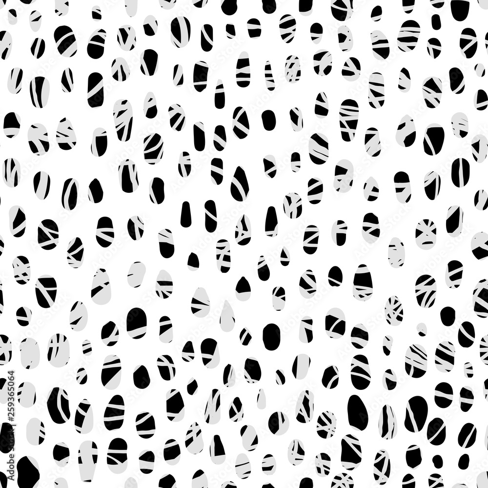 Poster modern vector seamless pattern with small abstract pebble like shapes in grey and black color on whi