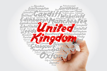 List of cities and towns in the United Kingdom composed in love sign heart shape, word cloud...