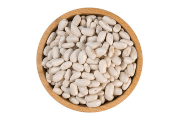 White Bean in wooden bowl isolated on white background. nutrition. food ingredient.