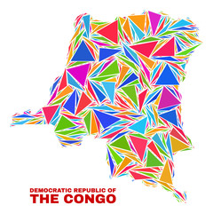 Mosaic Democratic Republic of the Congo map of triangles in bright colors isolated on a white background. Triangular collage in shape of Democratic Republic of the Congo map.