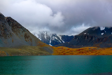 Beautiful turquoise waters of the lake with snow-covered peaks
