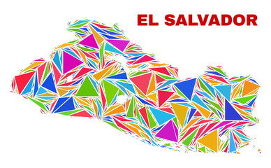 Mosaic El Salvador map of triangles in bright colors isolated on a white background. Triangular collage in shape of El Salvador map. Abstract design for patriotic illustrations.