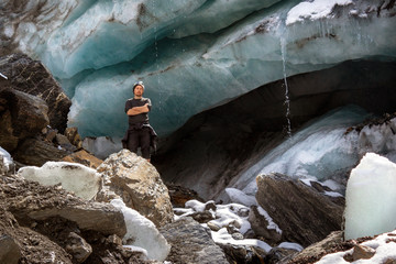 A man success hiking in snow peak mountain at autumn, People traveling concept
