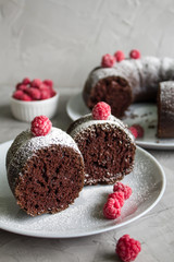 homemade chocolate cake with raspberry on grey background. Lean baking. Cut cake close-up.