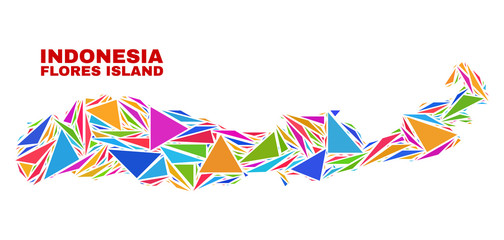 Mosaic Flores Island of Indonesia map of triangles in bright colors isolated on a white background. Triangular collage in shape of Flores Island of Indonesia map.