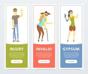 Disabled people banners set, blind woman, persons with prosthetic arms and legs, injury, invalid, gypsum flat vector ilustrations, element for website or mobile app
