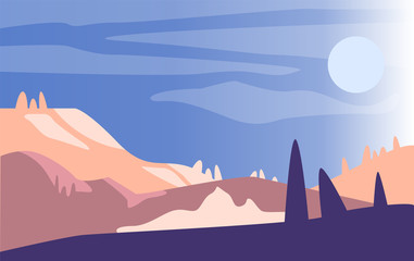 Beautiful natural landscape, scene of nature with mountains and sun in the morning vector Illustration