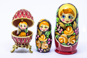 Matryoshka family. Matrioska art Russian doll and Russian souvenir, egg casket copy of Faberge on a...