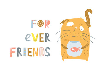 Cat and Fish Friendship. Cute animals kitten and aquarium fish forever friends.