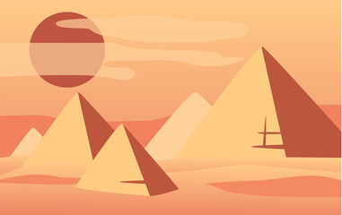 Beautiful natural desert landscape, scene of nature with pyramids and sun vector Illustration