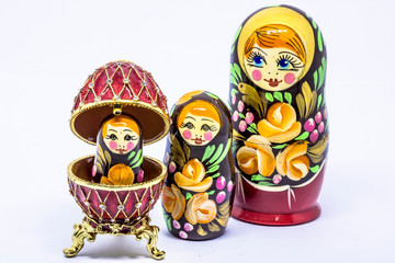 Matryoshka family. Matrioska art Russian doll and Russian souvenir, egg casket copy of Faberge on a...