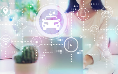 Obraz premium EV with woman using her laptop