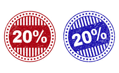 Grunge 20 Percents round stamp seals isolated on a white background. Round seals with grunge texture in red and blue colors. Vector rubber imitation of 20 Percents label inside circle form with