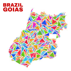 Mosaic Goias State map of triangles in bright colors isolated on a white background. Triangular collage in shape of Goias State map. Abstract design for patriotic purposes.