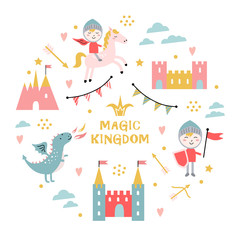 Magic kingdom. Dragon, castle, knight, bow, arrows, crown. 