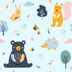Semless cute woodland pattern with forest animals.