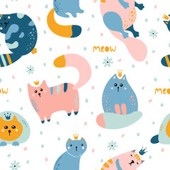 Cute seamless pattern with multi-colored cats. 