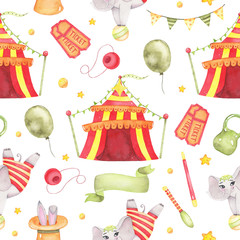 Watercolor circus animal seamless pattern with circus tent, elephant on ball isolated © madiwaso