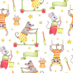Watercolor circus animal seamless pattern with monkey dog mouse rabbit in hat isolated