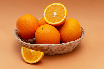 basket of oranges on an orange background