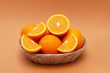 basket of oranges on an orange background