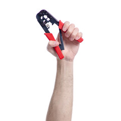 crimper in hand on white background isolation