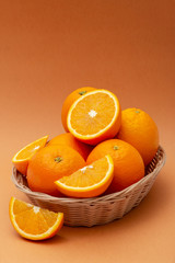 basket of oranges on an orange background