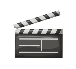 Fototapeta premium Open movie clapper on white. Empty check board with stripes, black glossy cinema object, equipment for making video production, film industry vector