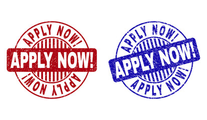 Grunge APPLY NOW Exclamation round stamp seals isolated on a white background. Round seals with distress texture in red and blue colors.