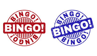 Grunge BINGO Exclamation round stamp seals isolated on a white background. Round seals with grunge texture in red and blue colors. Vector rubber imitation of BINGO Exclamation title inside circle form