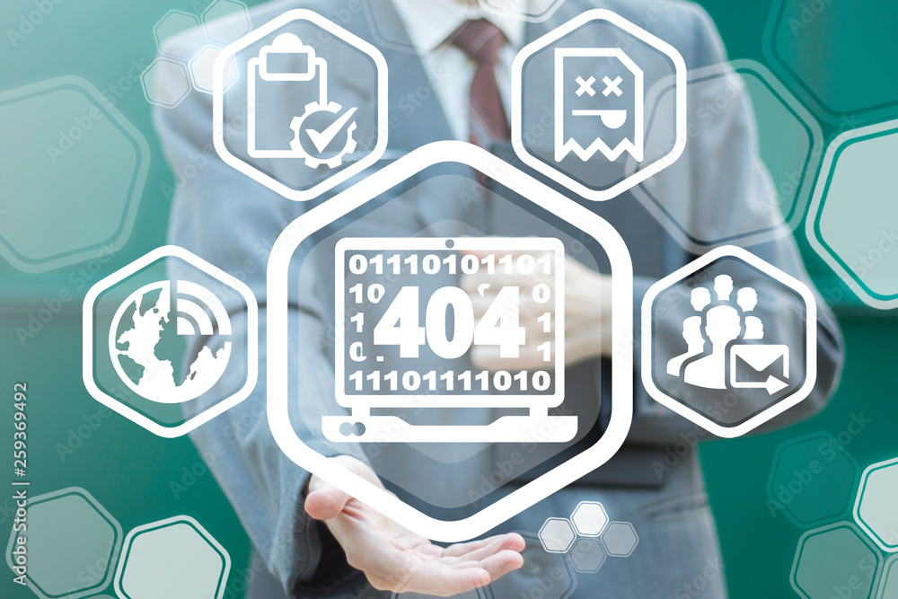 Poster man uses on a virtual screen of the future and sees the icon: 404 error laptop. social media network