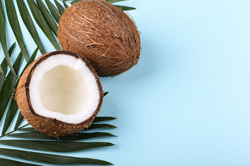 Coconut and palm leaves, copy space. Summer mood, tropical background, blank. - obrazy, fototapety, plakaty