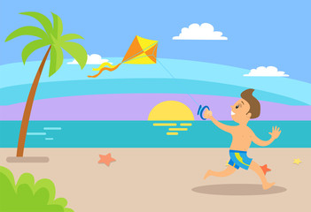 Summer holidays vector, summertime vacations kid. Boy running along beach coastline with sea water, sunset and relaxation by seaside, exotic tourism