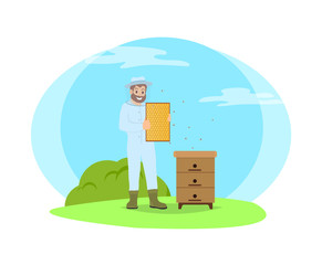 Beekeeper wearing protective uniform and plastic mask. Beekeeping production of bee honey. Beehive and man holding honeycomb in hands isolated vector
