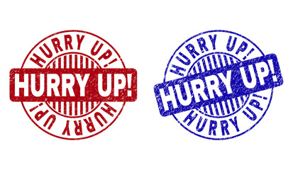 Grunge HURRY UP Exclamation round stamp seals isolated on a white background. Round seals with grunge texture in red and blue colors. Vector rubber watermark of HURRY UP Exclamation text inside circle