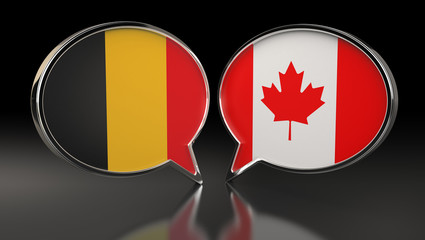 Belgium and Canada flags with Speech Bubbles. 3D Illustration