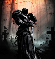 A black spirit in plate armor and a hood, with a crystal sword, hovers in the middle of a gloomy cemetery with crows © warmtail